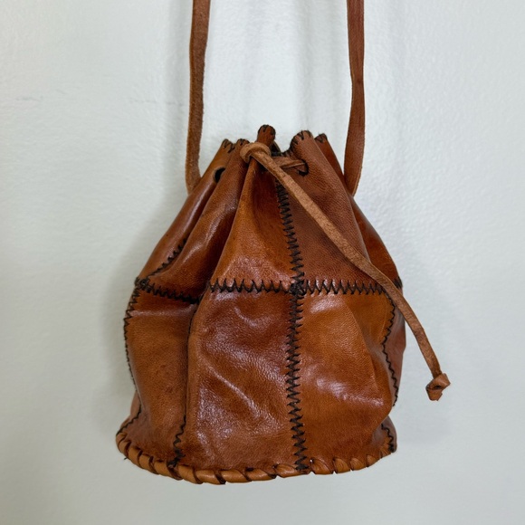 Handbags - VINTAGE BROWN PATCHWORK LEATHER DRAWSTRING CROSSBODY BAG
